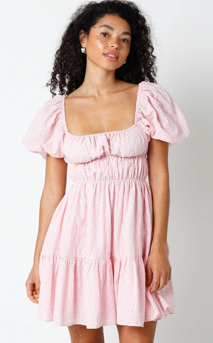Kendall Pink Eyelet Puff Sleeve Mini Dress