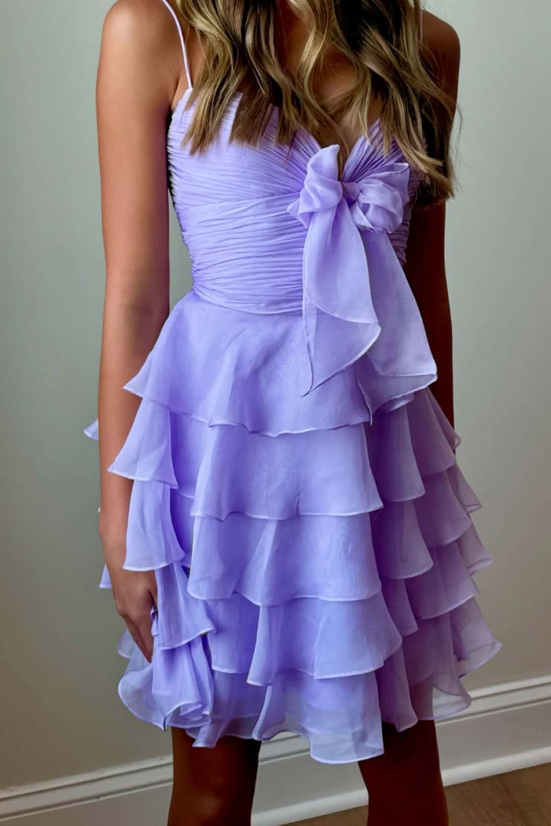 Straps Green Ruffles Short Dress with Bow