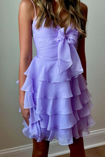 Straps Green Ruffles Short Dress with Bow