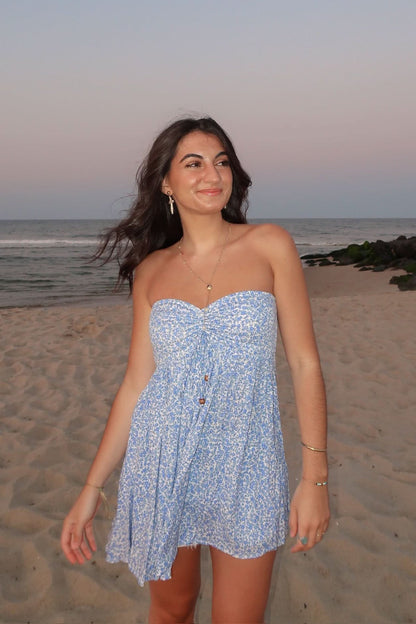 Lena Blue Floral Print Strapless Mini Dress