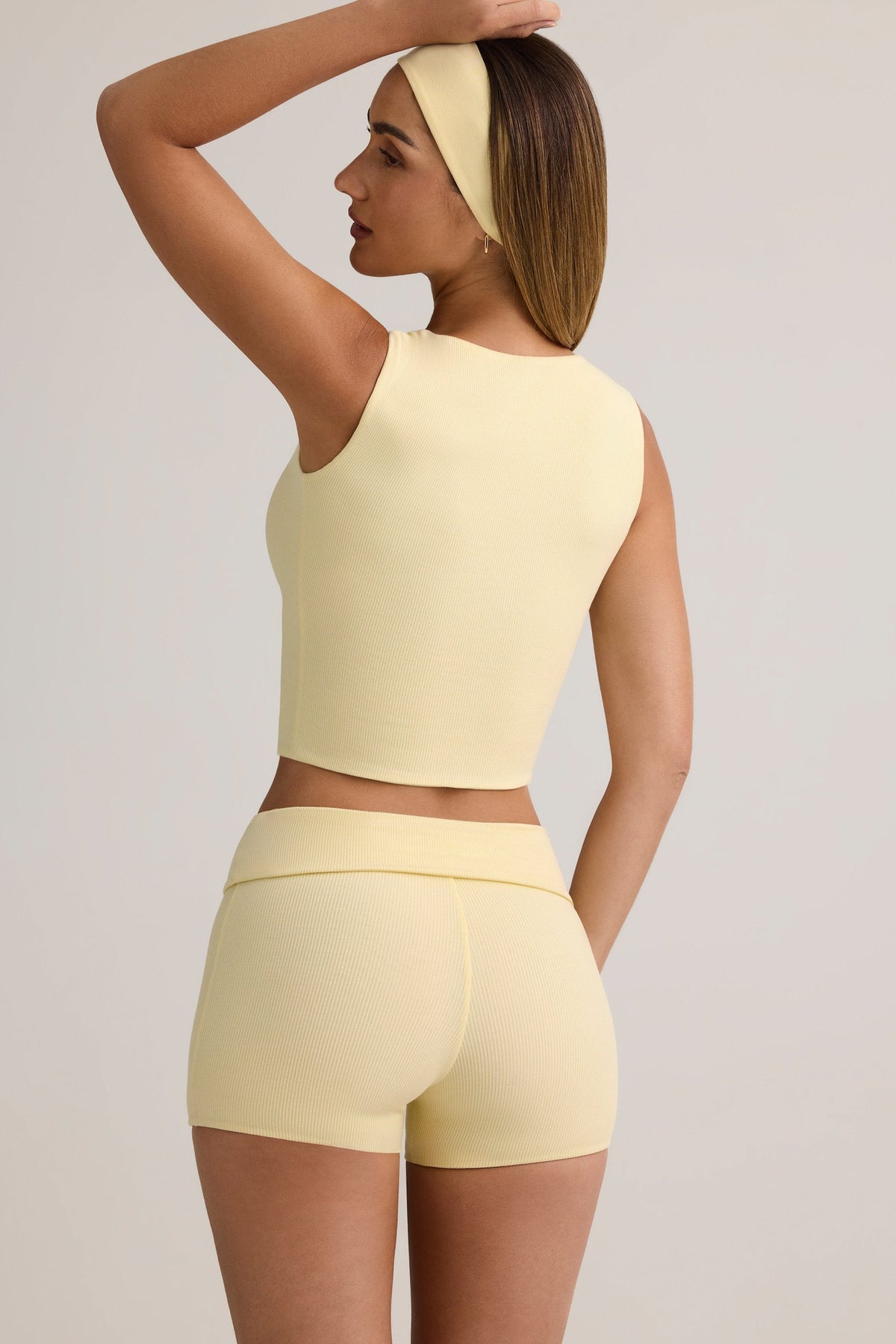 Modal Ribbed Mid-Rise Foldover Shorts in Buttercream Yellow