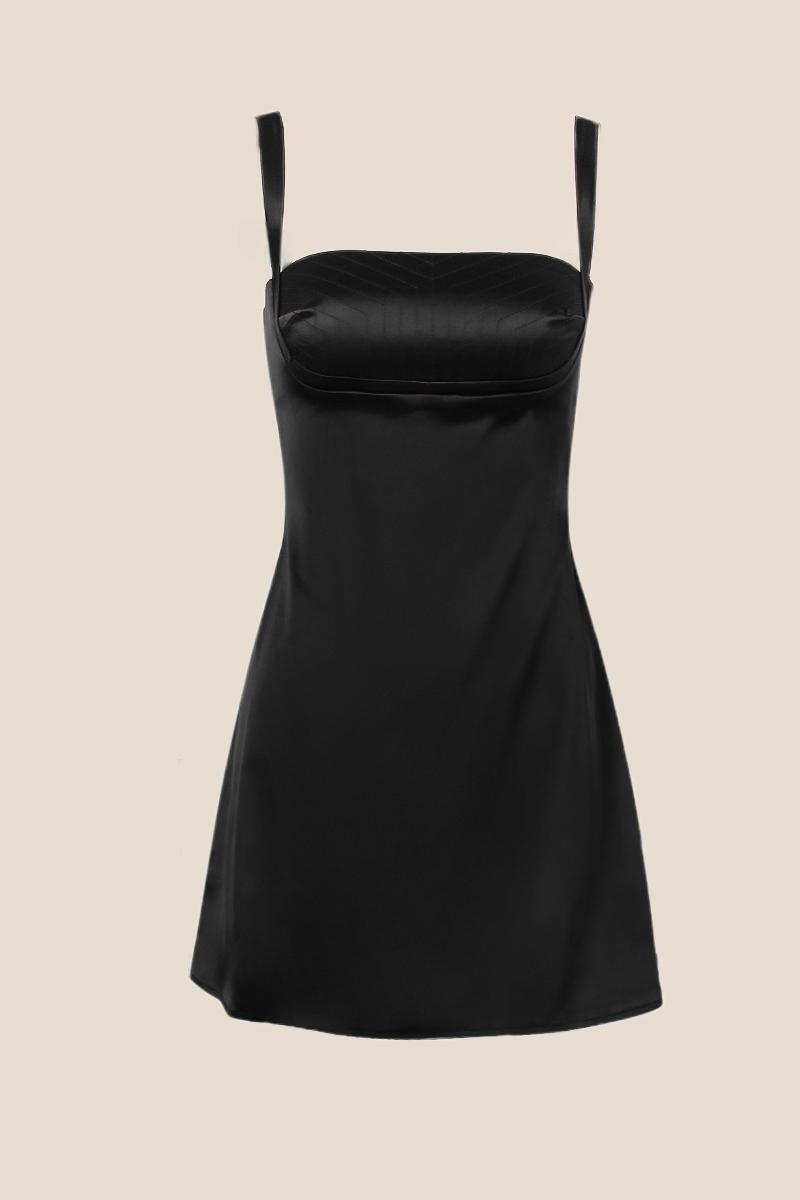 Straps Black Satin Short Party Dress