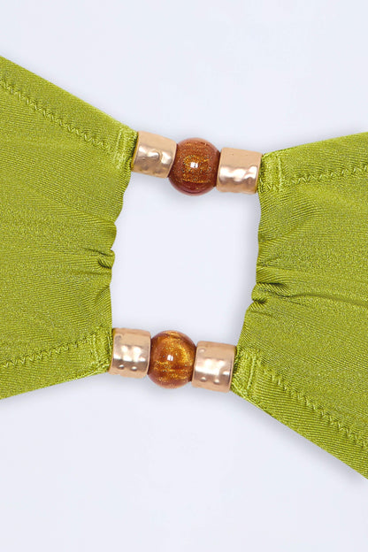 Bead-Embellished Bandeau Bikini Top in Olive Green