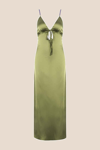 Plunge Neck Purple Back Tie Long Dress