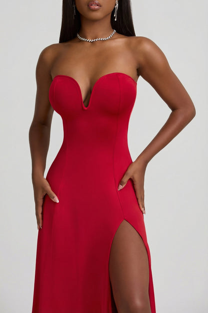 Slinky Jersey Strapless A-Line Midaxi Dress in True Red