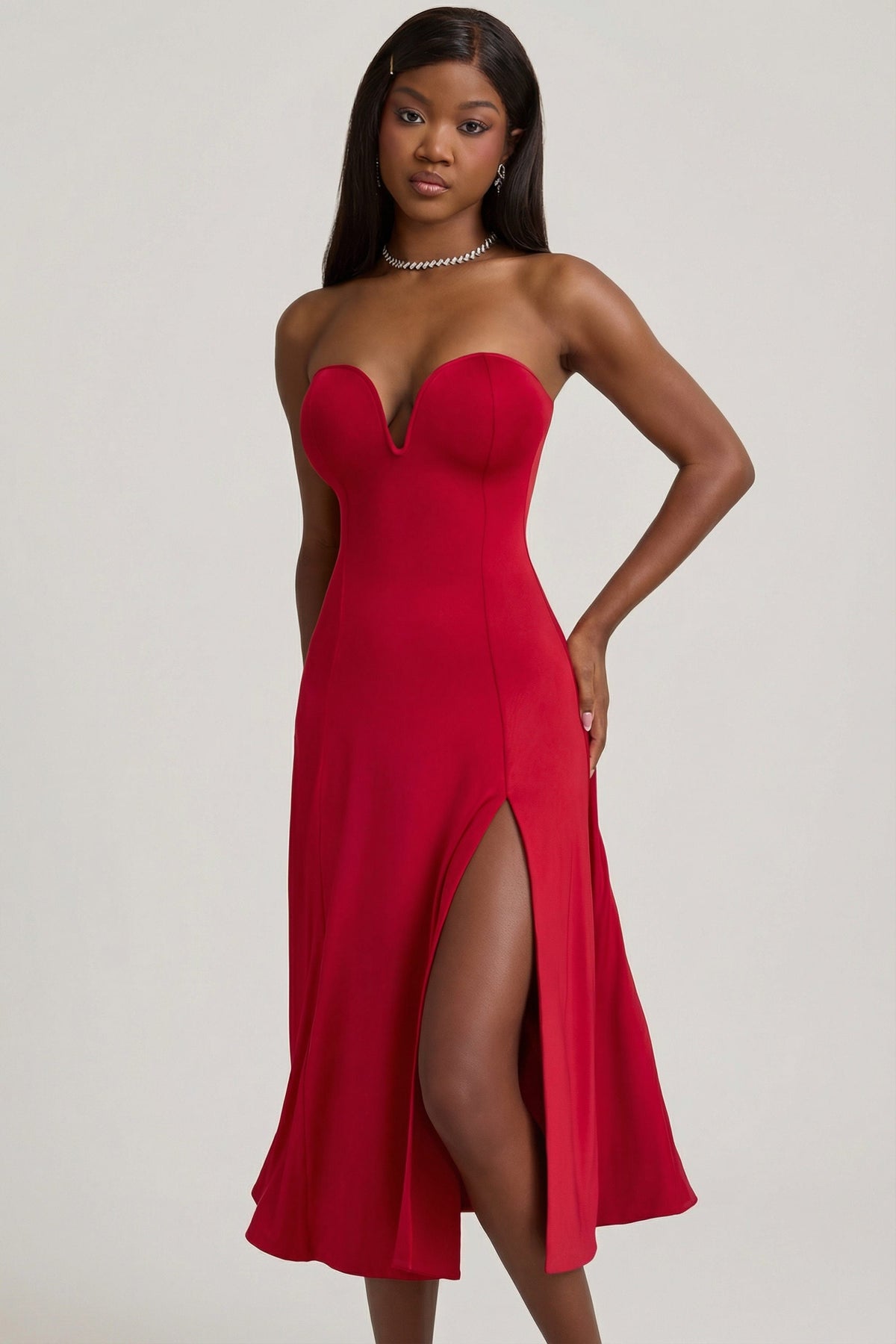 Slinky Jersey Strapless A-Line Midaxi Dress in True Red