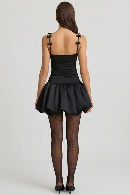 Bow-Detail Ruched Bubble Hem Mini Dress in Black