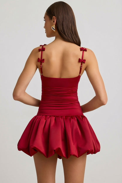 Bow-Detail Ruched Bubble Hem Mini Dress in True Red