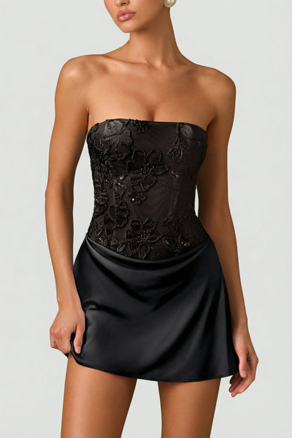 Embellished Draped Strapless A-Line Mini Dress in Black