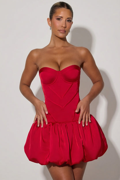 Cut-Out Bubble Hem Corset Mini Dress in Red