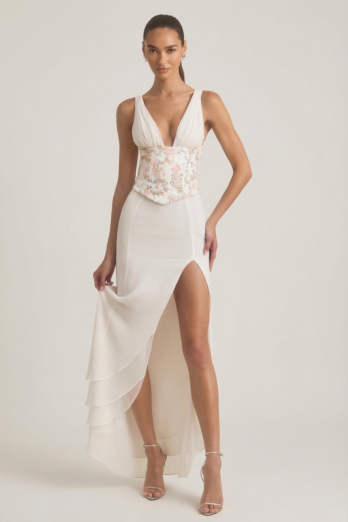 Embellished Plunge Ruffled Corset Maxi Dress in Ivory