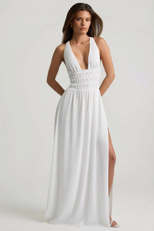 Plunge Cross-Back Maxi Dress in White
