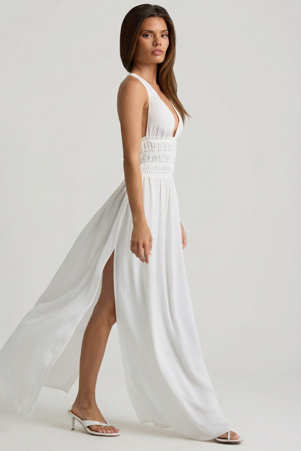 Plunge Cross-Back Maxi Dress in White