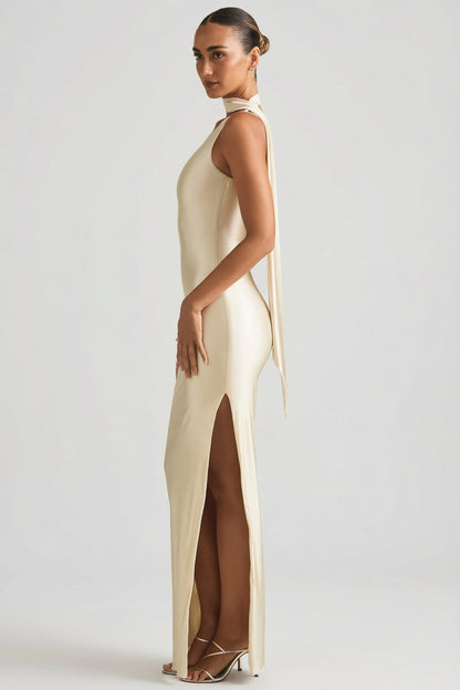 Asymmetric Scarf-Detail Maxi Dress in Ivory