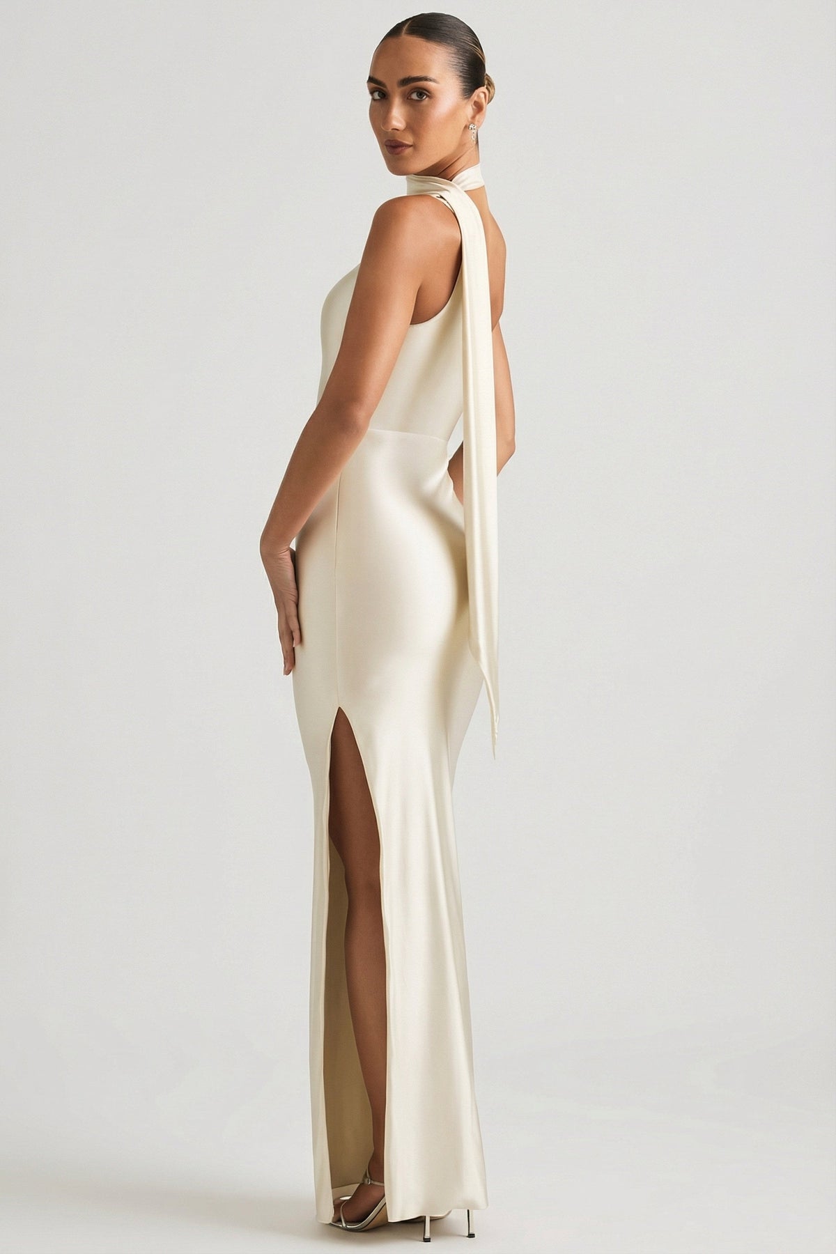 Asymmetric Scarf-Detail Maxi Dress in Ivory