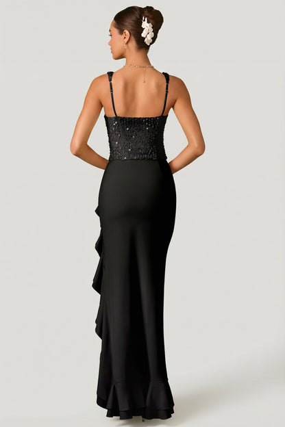 Embellished Ruffle-Trim Corset Gown in Black