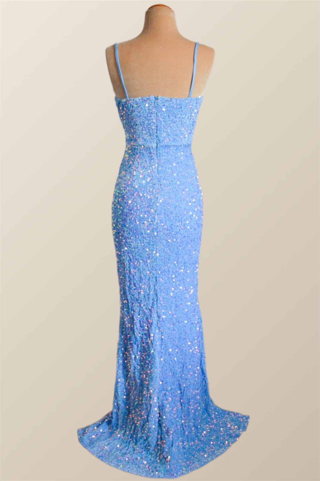 Straps Blue Sequin Ruched Faux Wrap Dress