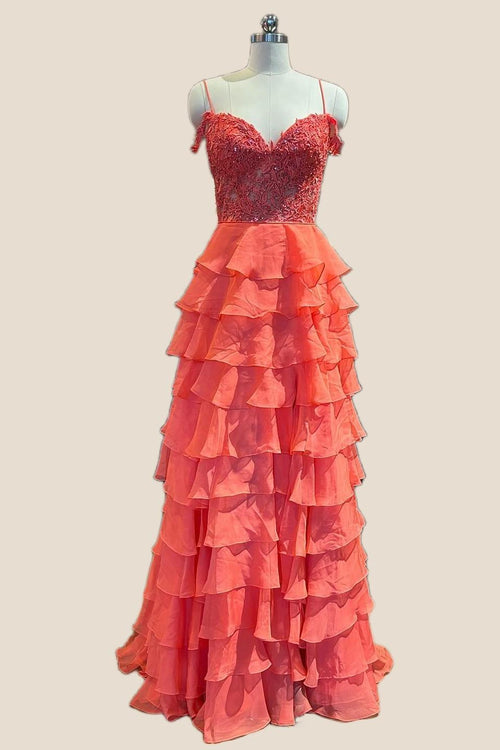 Straps Orange Appliques and Chiffon Ruffle Formal Dress
