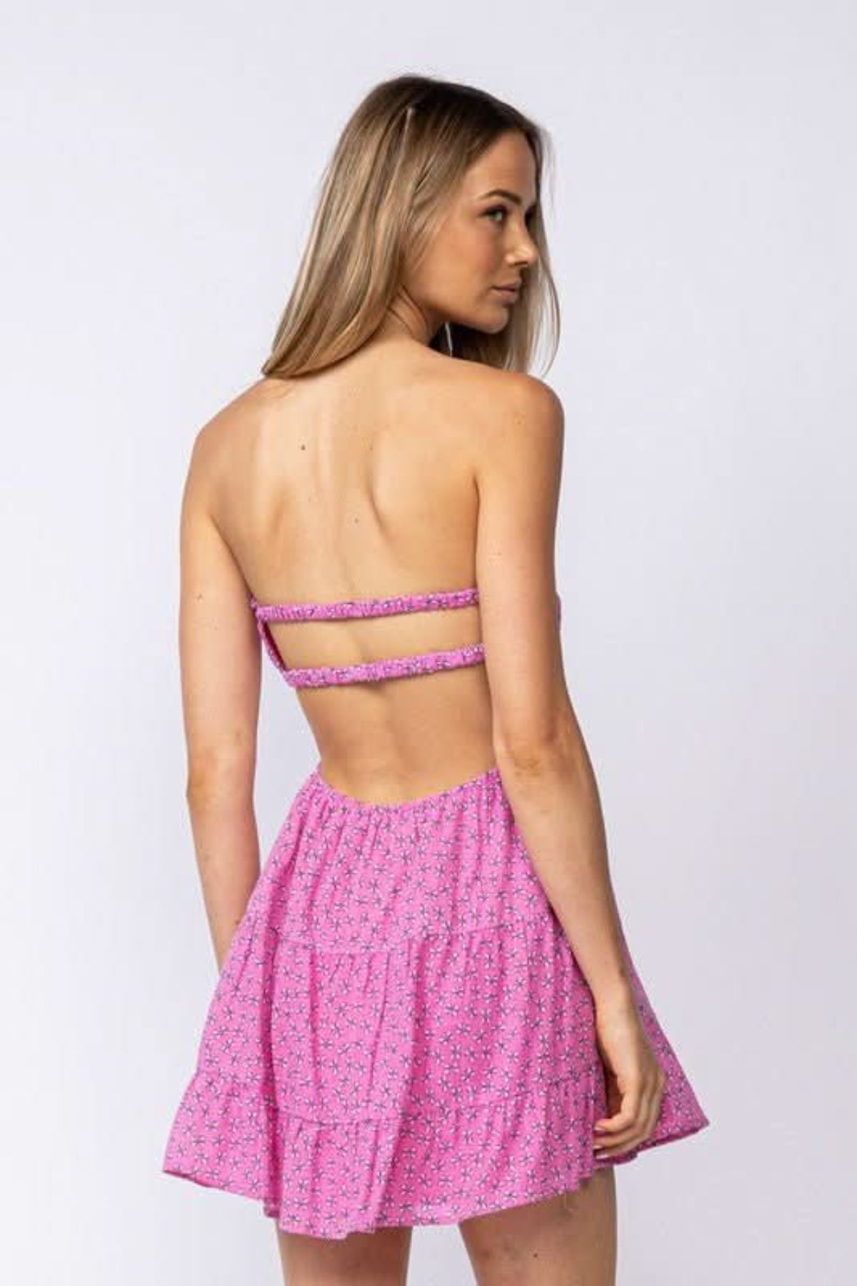 Rachel Pink Floral Print Strapless Mini Dress