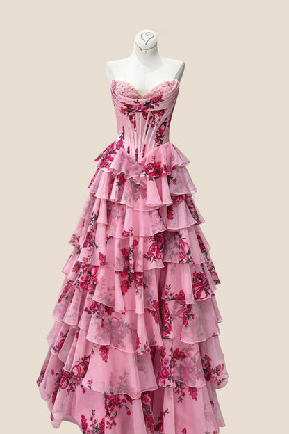 Sweetheart Blush Floral Corset A-line Ruffle Gown