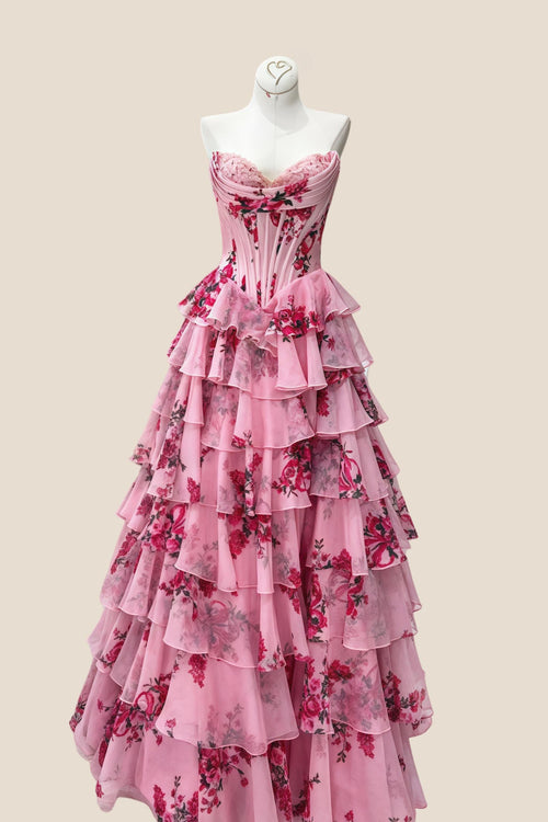 Sweetheart Blush Floral Corset A-line Ruffle Gown