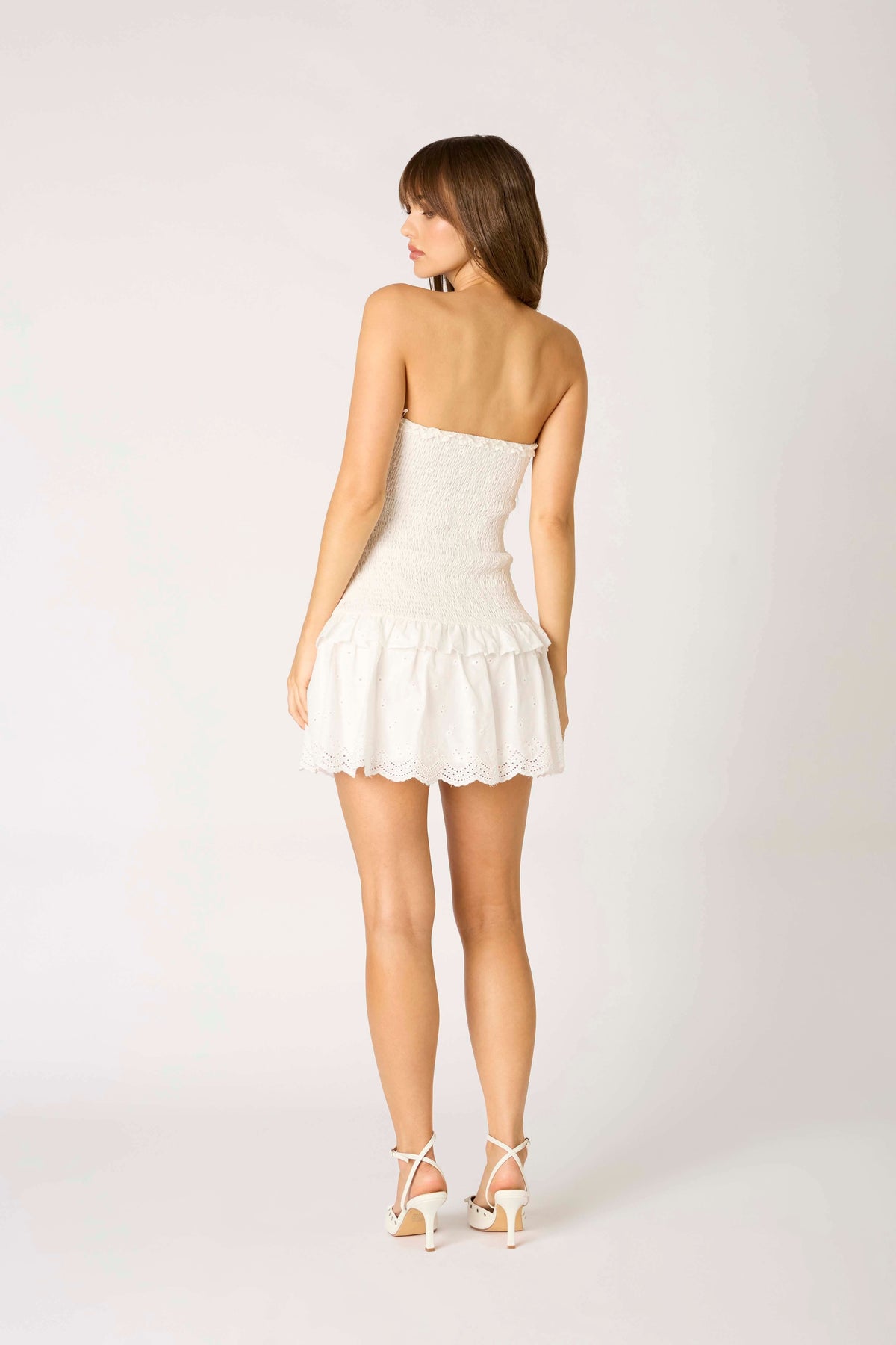Rora White Eyelet Smocked Mini Dress