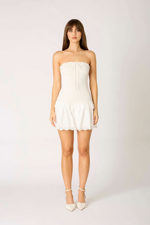 Rora White Eyelet Smocked Mini Dress