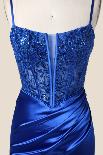 Royal Blue Appliques Ruched Mermaid Long Formal Dress