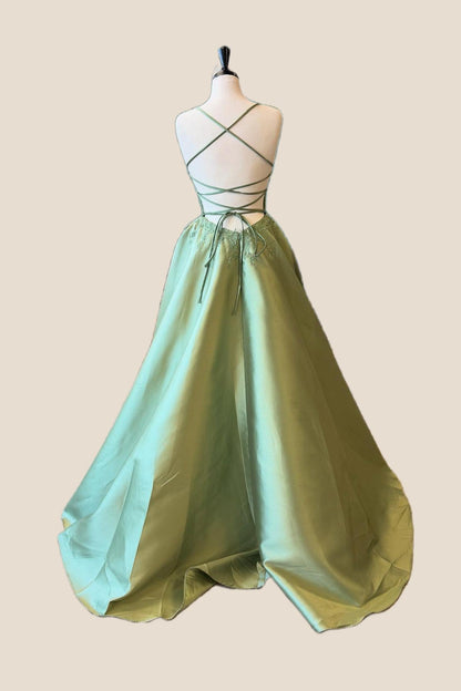 Straps Sage Green Appliques Satin A-line Formal Gown