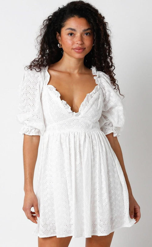 Samantha White Eyelet Puff Sleeve Mini Dress