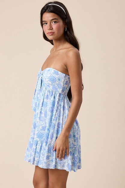 Sammie Ice Blue Floral Strapless Mini Dress