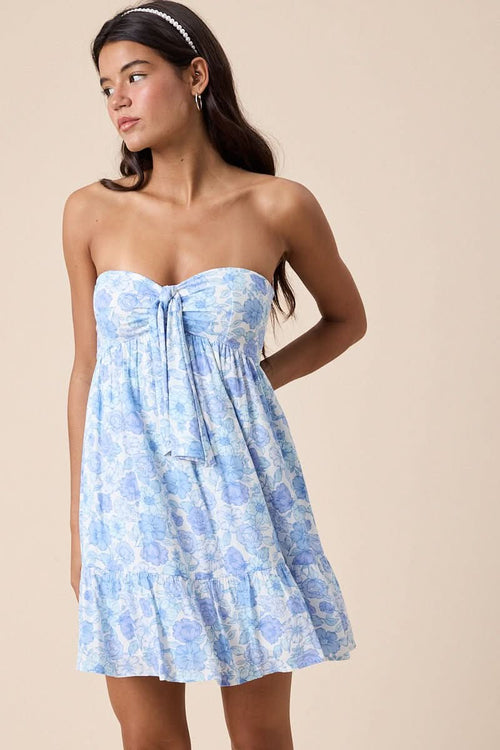 Sammie Ice Blue Floral Strapless Mini Dress