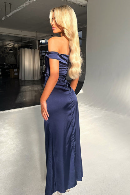 Saoirse Off Shoulder Satin Maxi Dress - Navy