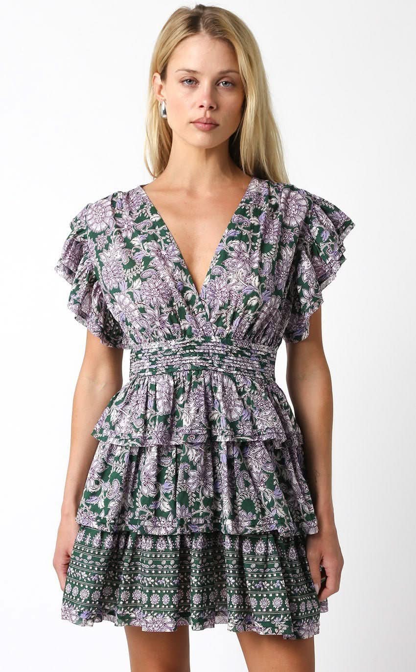 Jodie Green Floral Tiered Ruffle Mini Dress