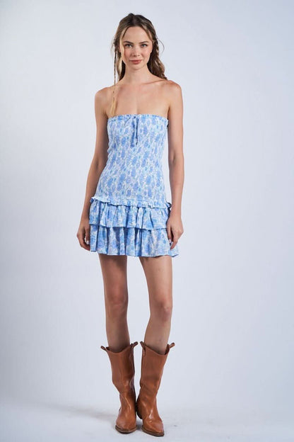 Sloane Blue Floral Drop Waist Tube Mini