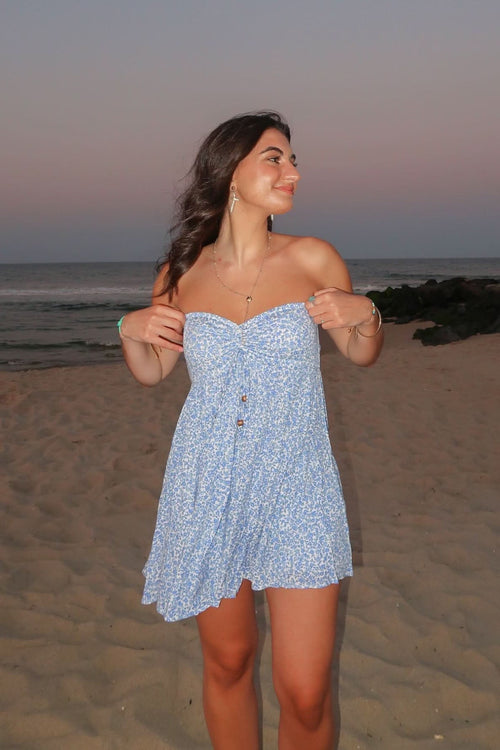 Lena Blue Floral Print Strapless Mini Dress