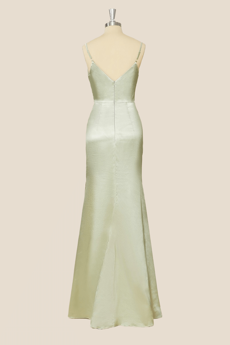 Straps Sage Green Satin Long Formal Dress