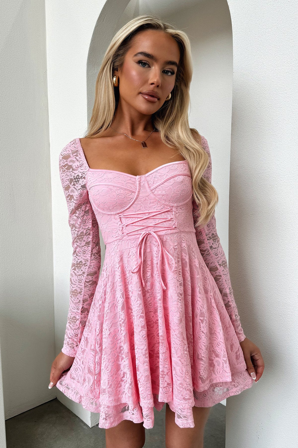 Tate Long Sleeve Lace Dress - Baby Pink