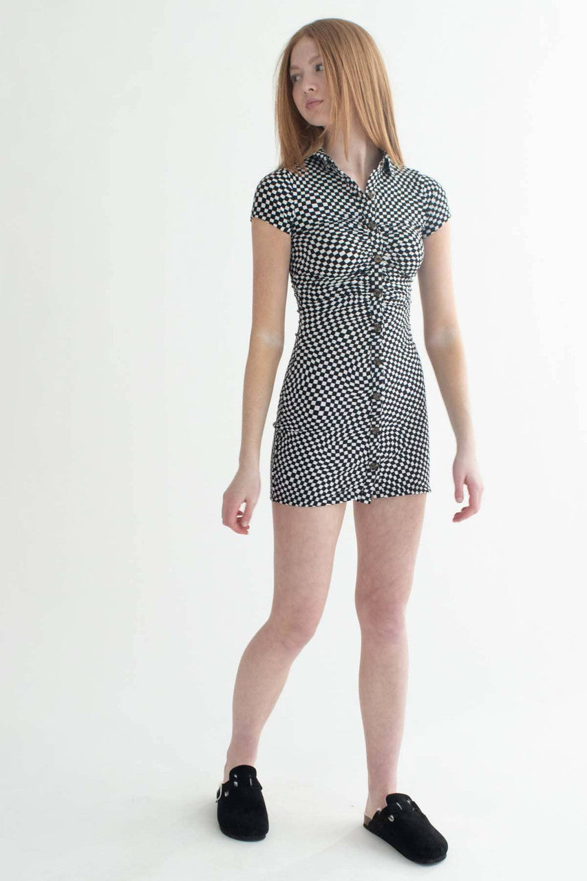 Tripping Checkers Ruched Shirt Dress