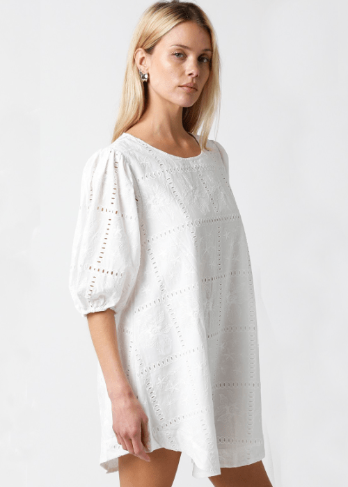 Kelly White Eyelet Puff Sleeve Shift Dress