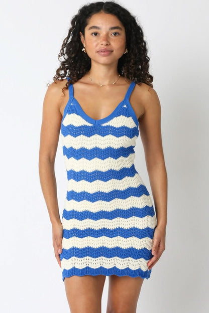 Kaya Blue and White Crochet Mini Dress